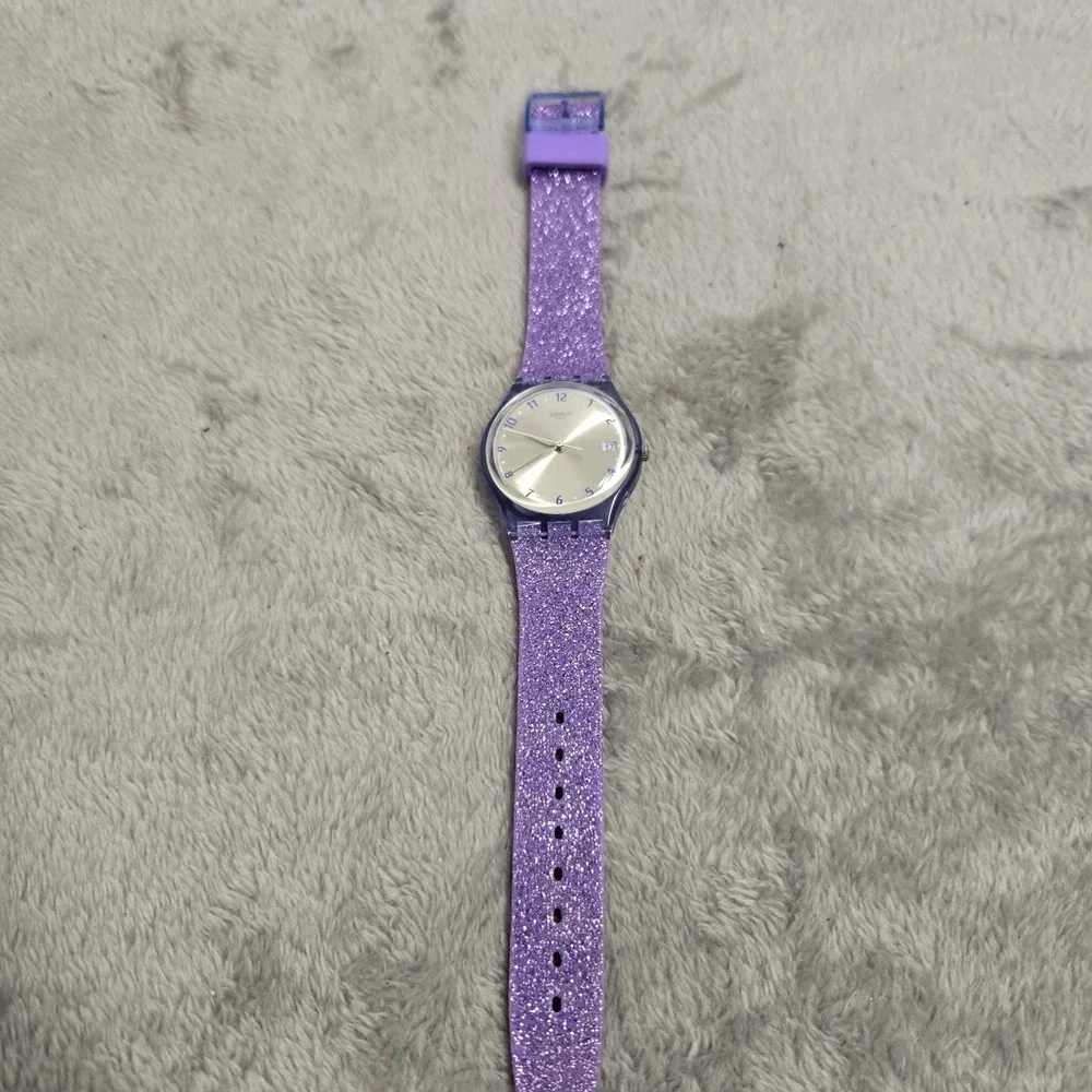 Swatch Swiss Purple Glitter Silicone Strap Date Dial Quartz Watch Works